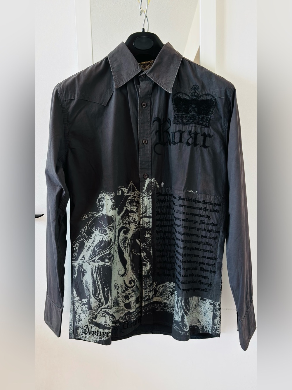 Roar Dark Grey Graphic Button-Down Shirt with Crest and Script